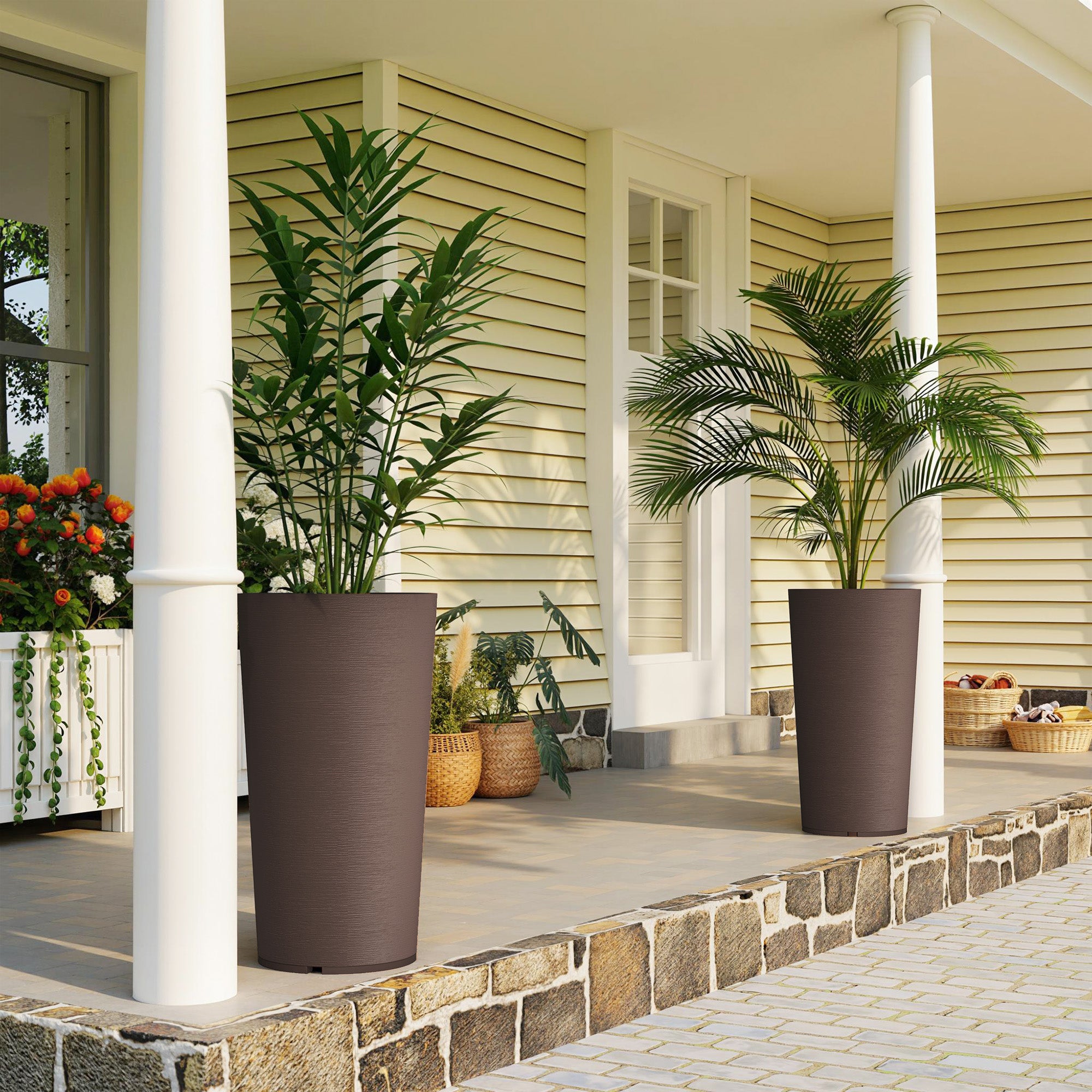 29" Tall Planters Set of 2 – Large UV-Resistant Outdoor Pots | Stackable, Brown