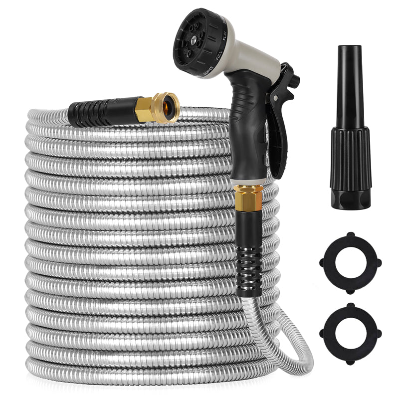 100ft Metal Garden Hose - Stainless Steel Kink-Free with 10-Pattern Spray Nozzle