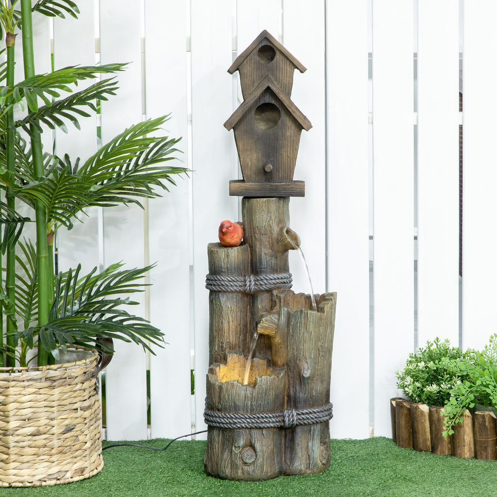 Rustic Log Fountain with 2 Birdhouses & LED Lights