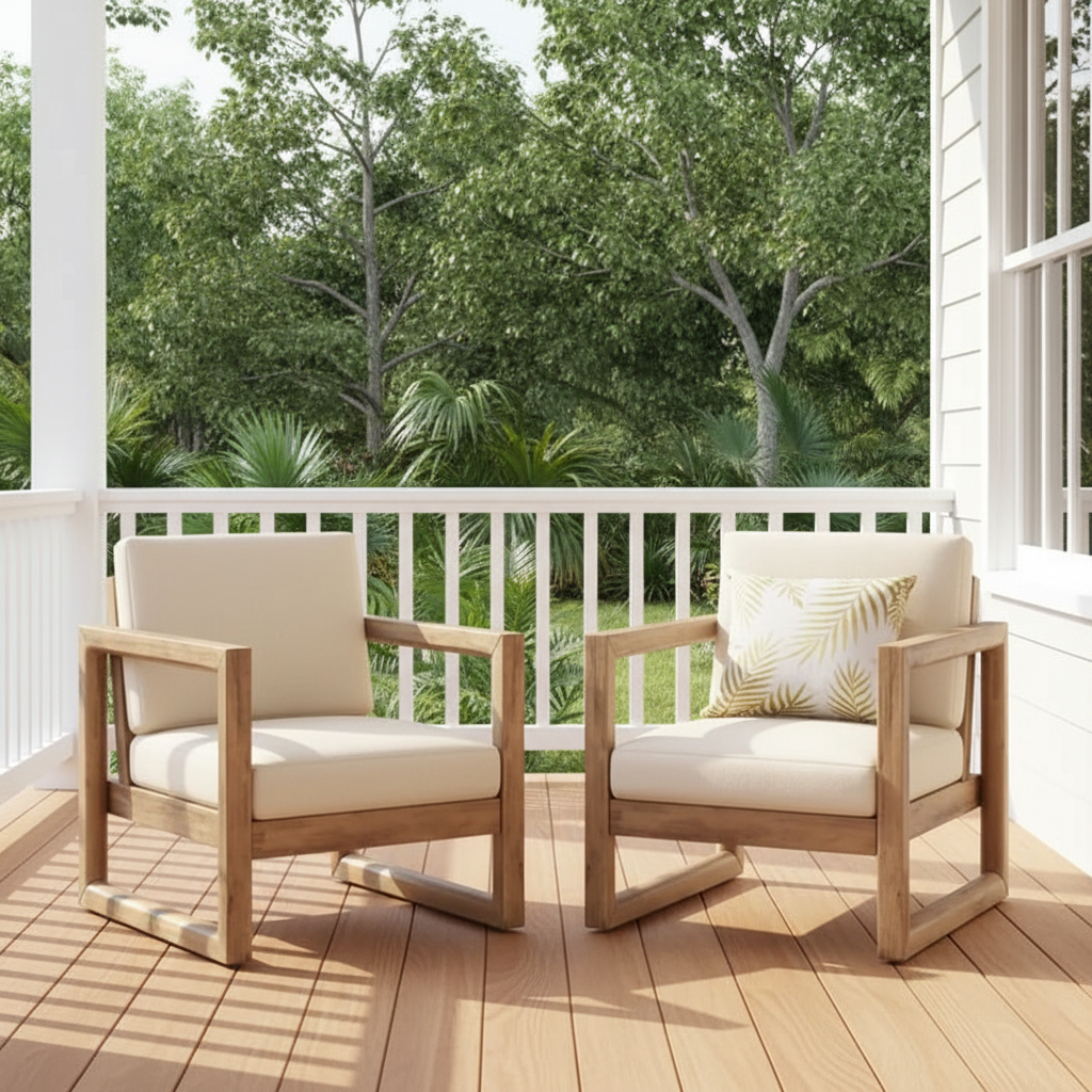Acacia Wood Outdoor Patio Club Chairs with Waterproof Cushions, Set of 2 Natures Nook