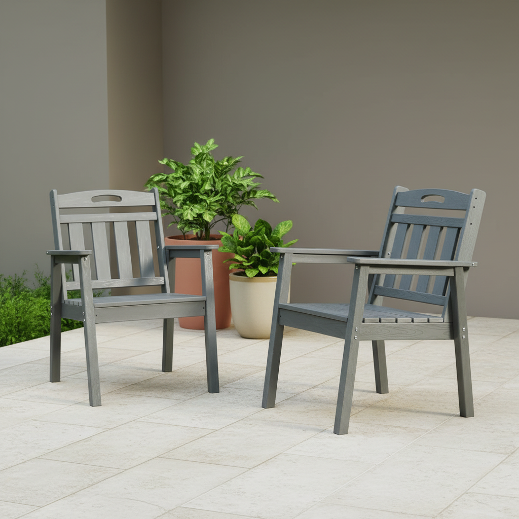 Two gray garden chairs on a front porch minimalist style  background