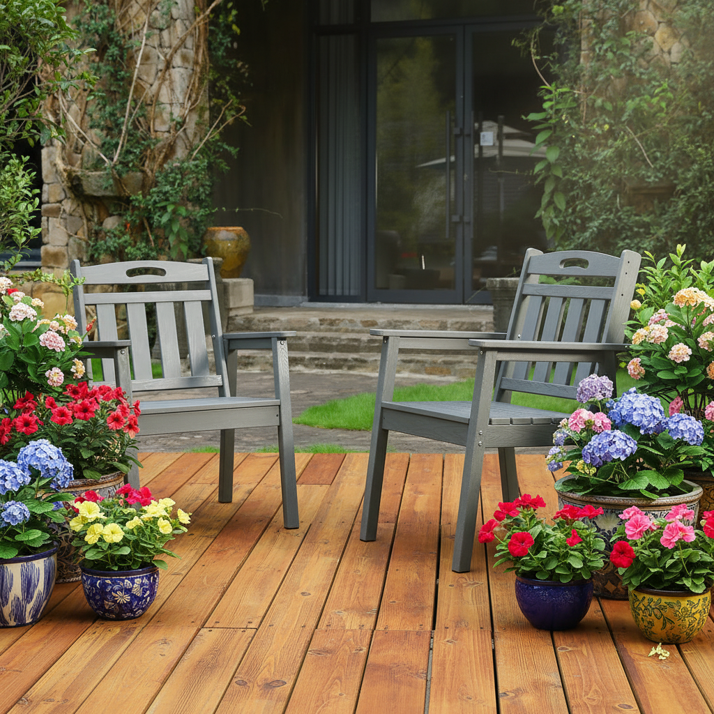 Two gray garden chairs on  a stone building and plants in the background.