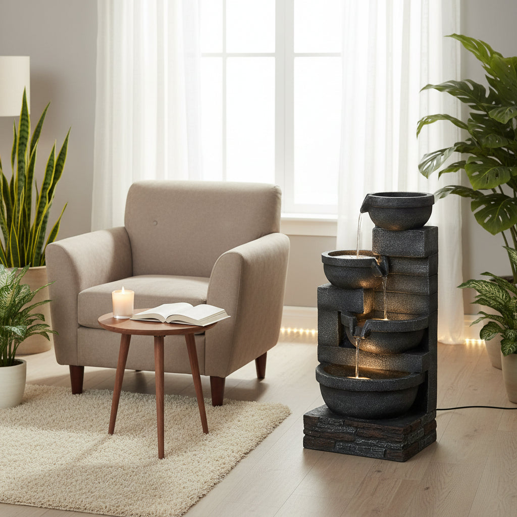 Outdoor water fountain with tiered stone bowls in a indoor relaxin area 