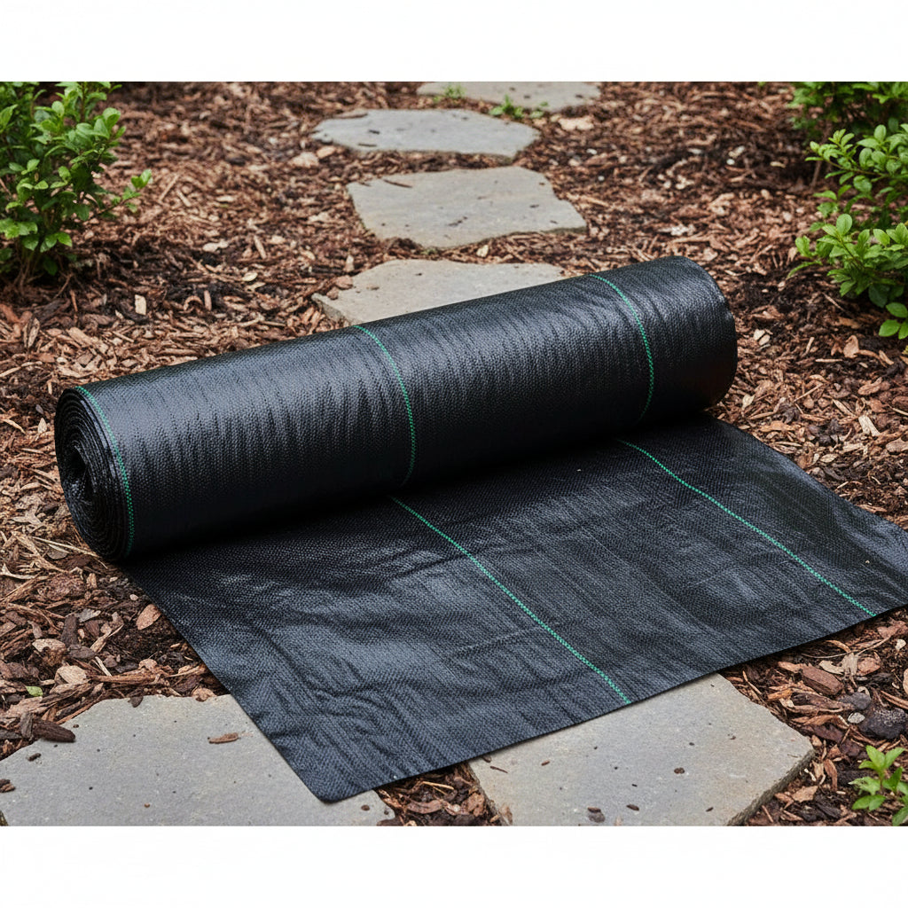 Roll of black landscape fabric with green grid lines on a yard  background