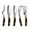 Set of five gardening tools with black and yellow handles on a white background