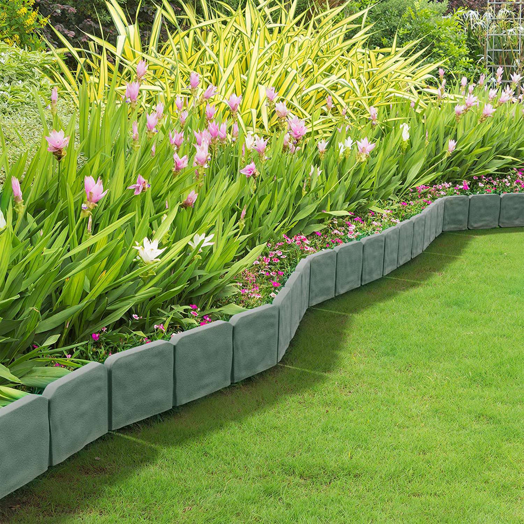 20-Piece Garden Edging Border - No-Dig Flexible Lawn Edging with Stone Effect - Grey