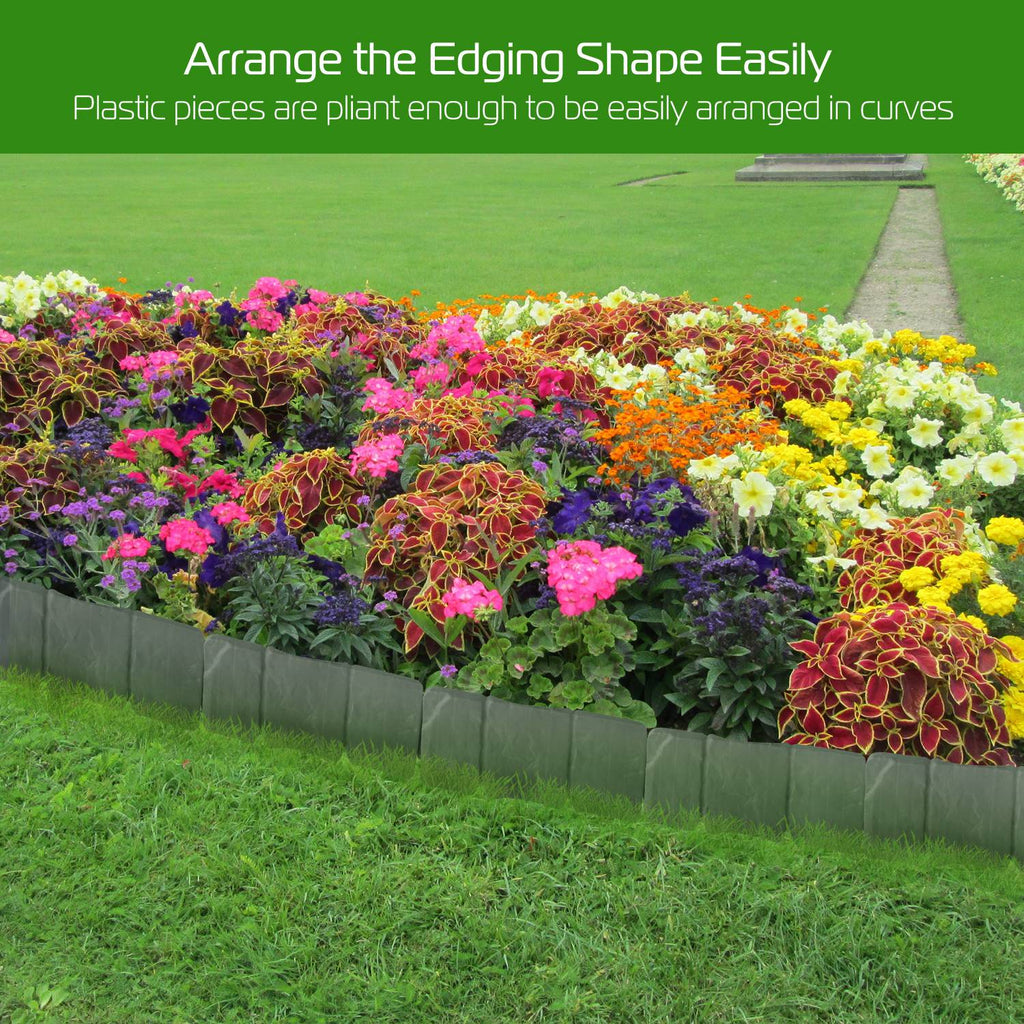 20-Piece Garden Edging Border - No-Dig Flexible Lawn Edging with Stone Effect - Grey