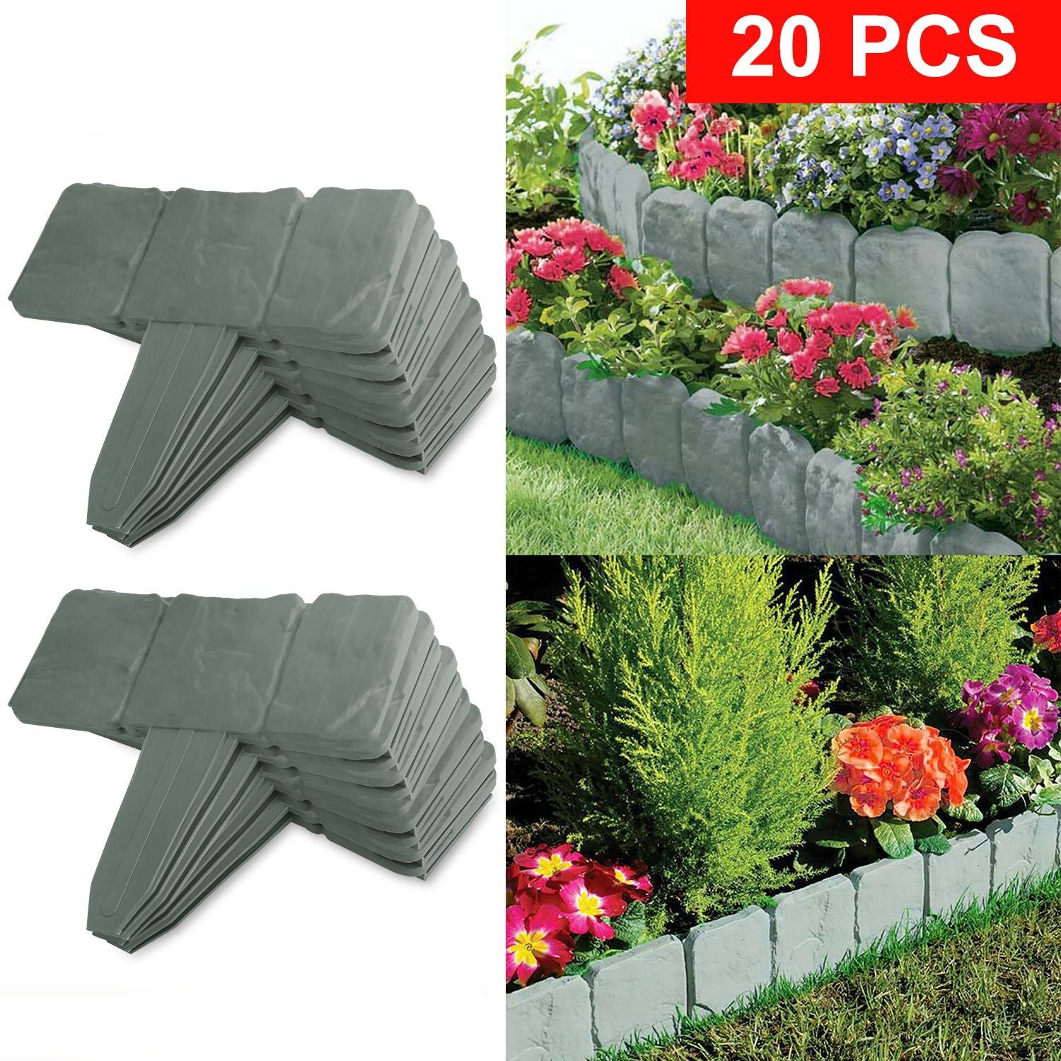20-Piece Garden Edging Border - No-Dig Flexible Lawn Edging with Stone Effect - Grey
