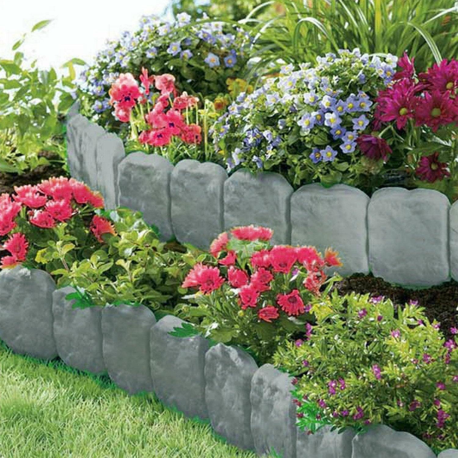 20-Piece Garden Edging Border - No-Dig Flexible Lawn Edging with Stone Effect - Grey