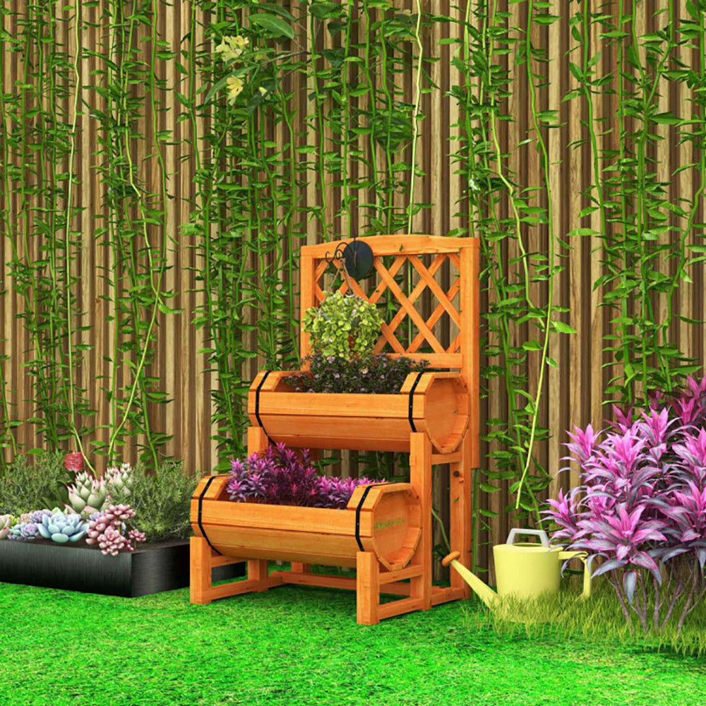 2-Tier Wooden Raised Garden Bed with Trellis - Orange