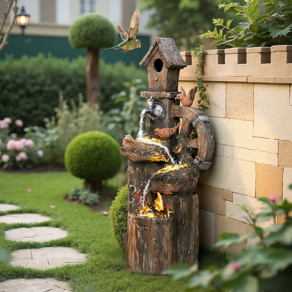 3-Tier Outdoor Water Fountain with Birdhouse