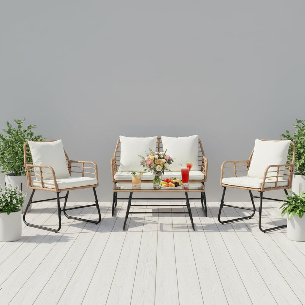 Outdoor furniture set with four chairs and a glass table on a  porch background