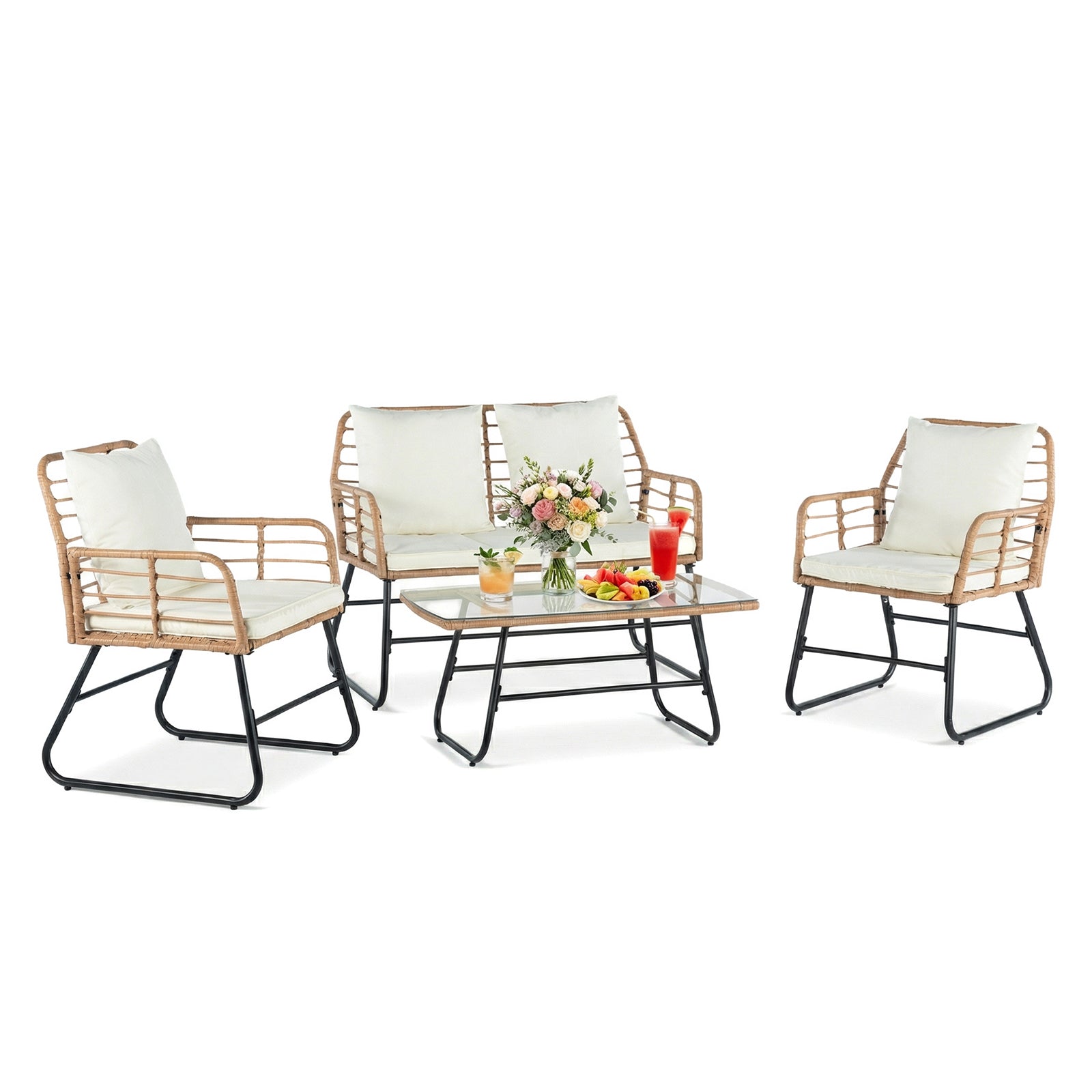 4-Piece Rattan Garden Sofa Set with Cushions