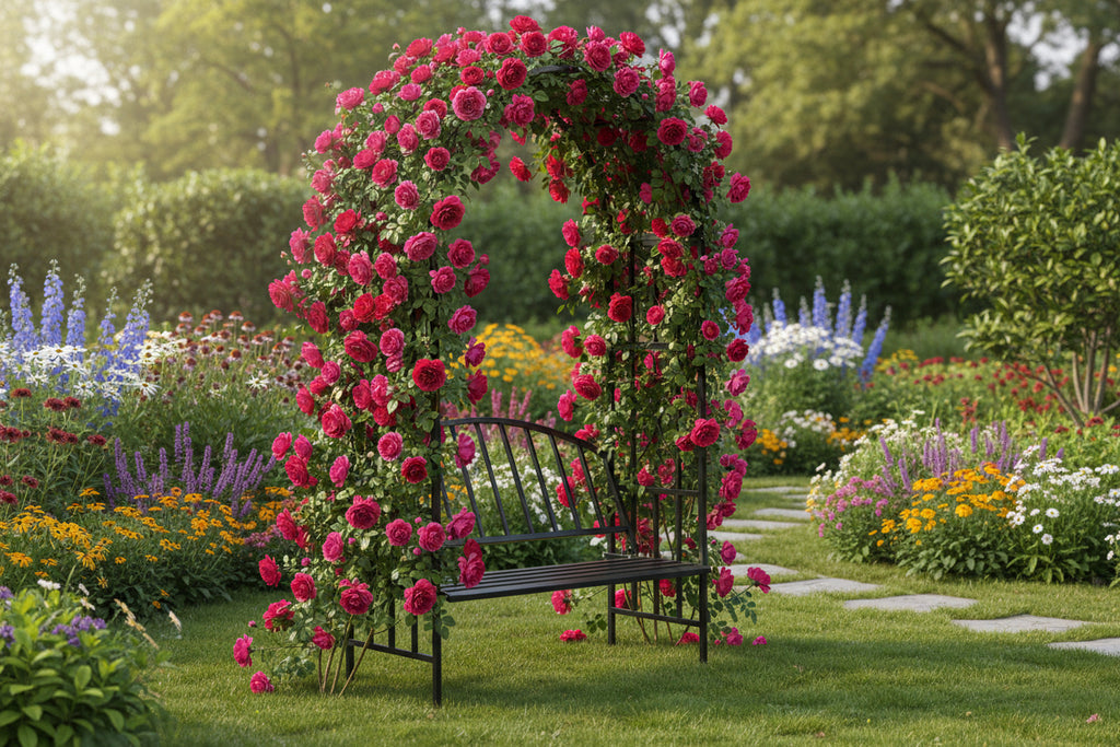 Black metal garden arch with bench on a garden background with caiming roses 
