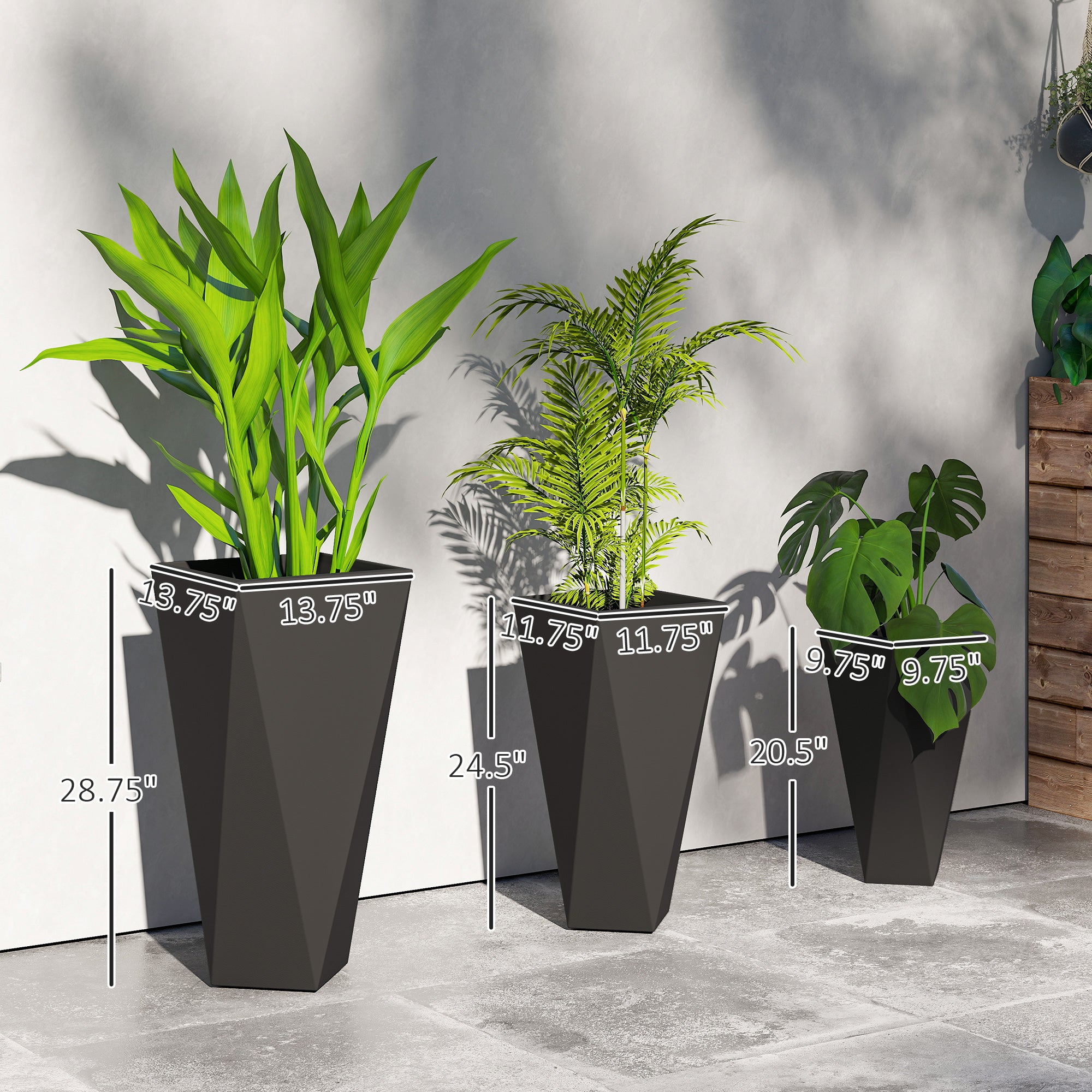 3 Tall Planters - Indoor Outdoor MgO with Drainage - Black