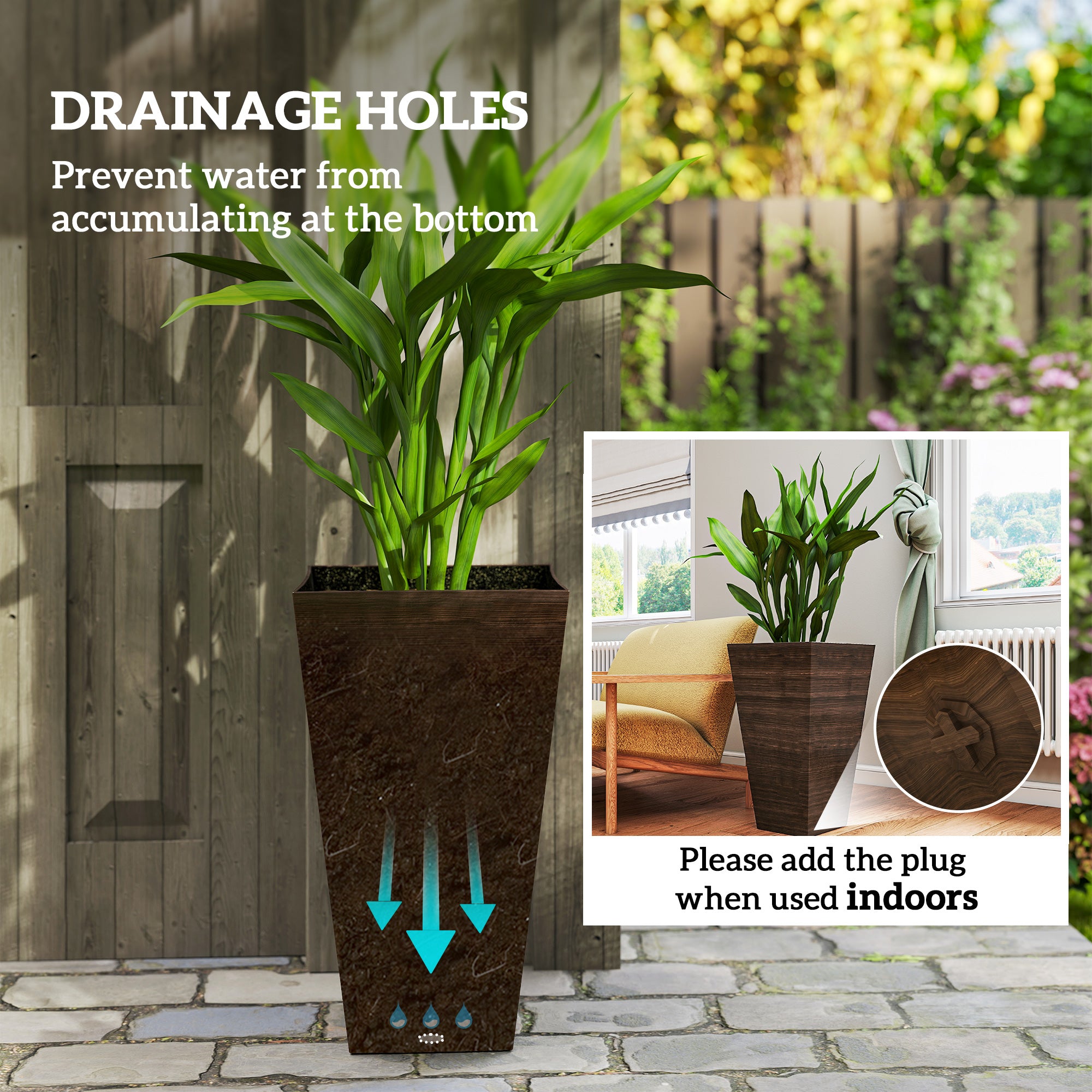 Set of 3 Tall Planters 28" - Faux Wood Outdoor Flower Pots with Drainage Holes