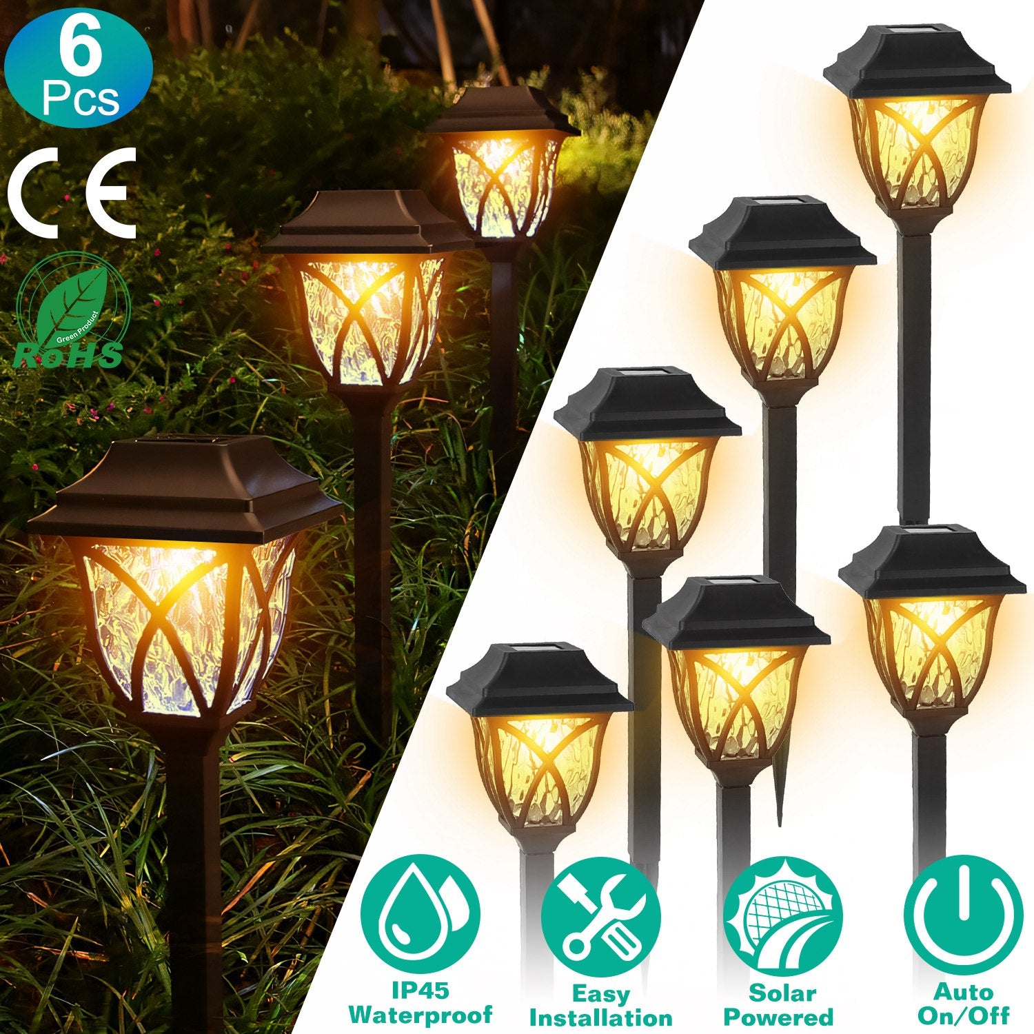 6-Pack Solar Powered Pathway Lights - IP45 Waterproof Decorative Landscape Lights