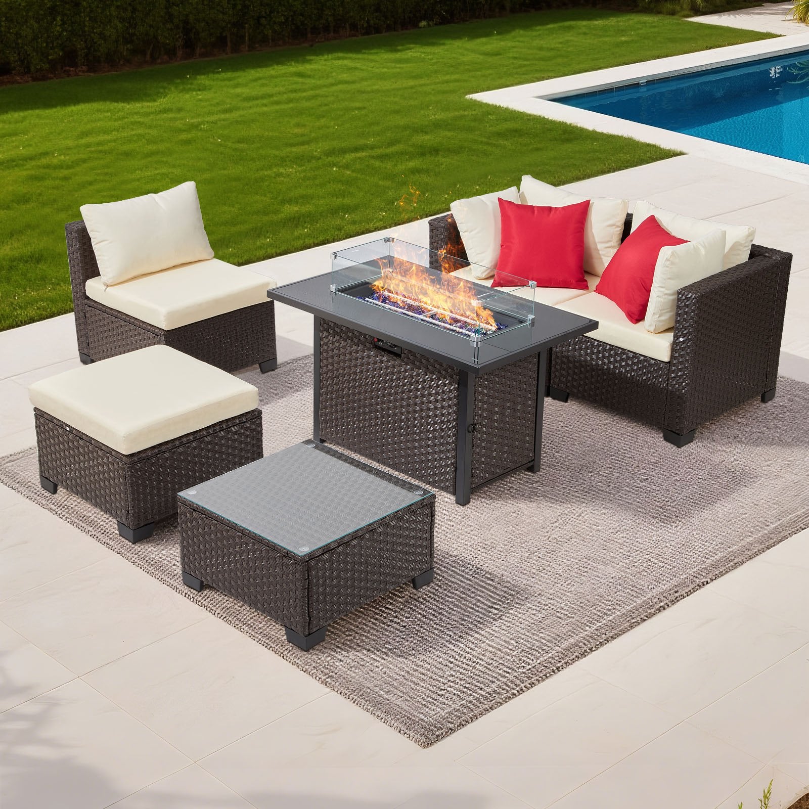 6-Piece Outdoor Patio Furniture Set - Wicker Sectional with 50,000 BTU Fire Pit Table