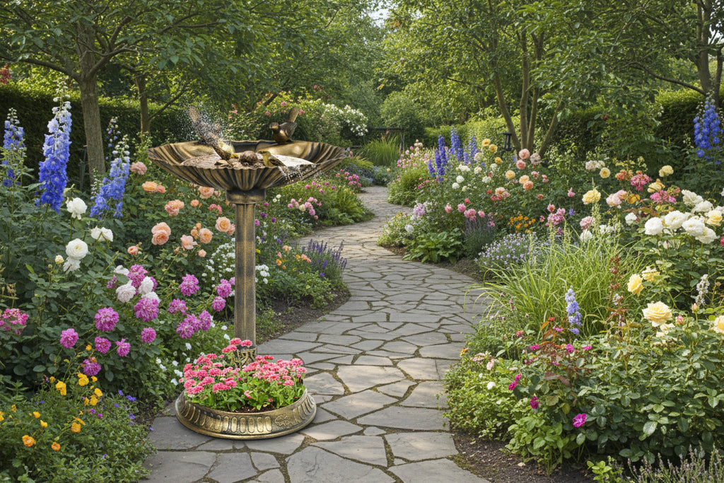 Garden scene with a bird bath and flowers surrounded by greenery
