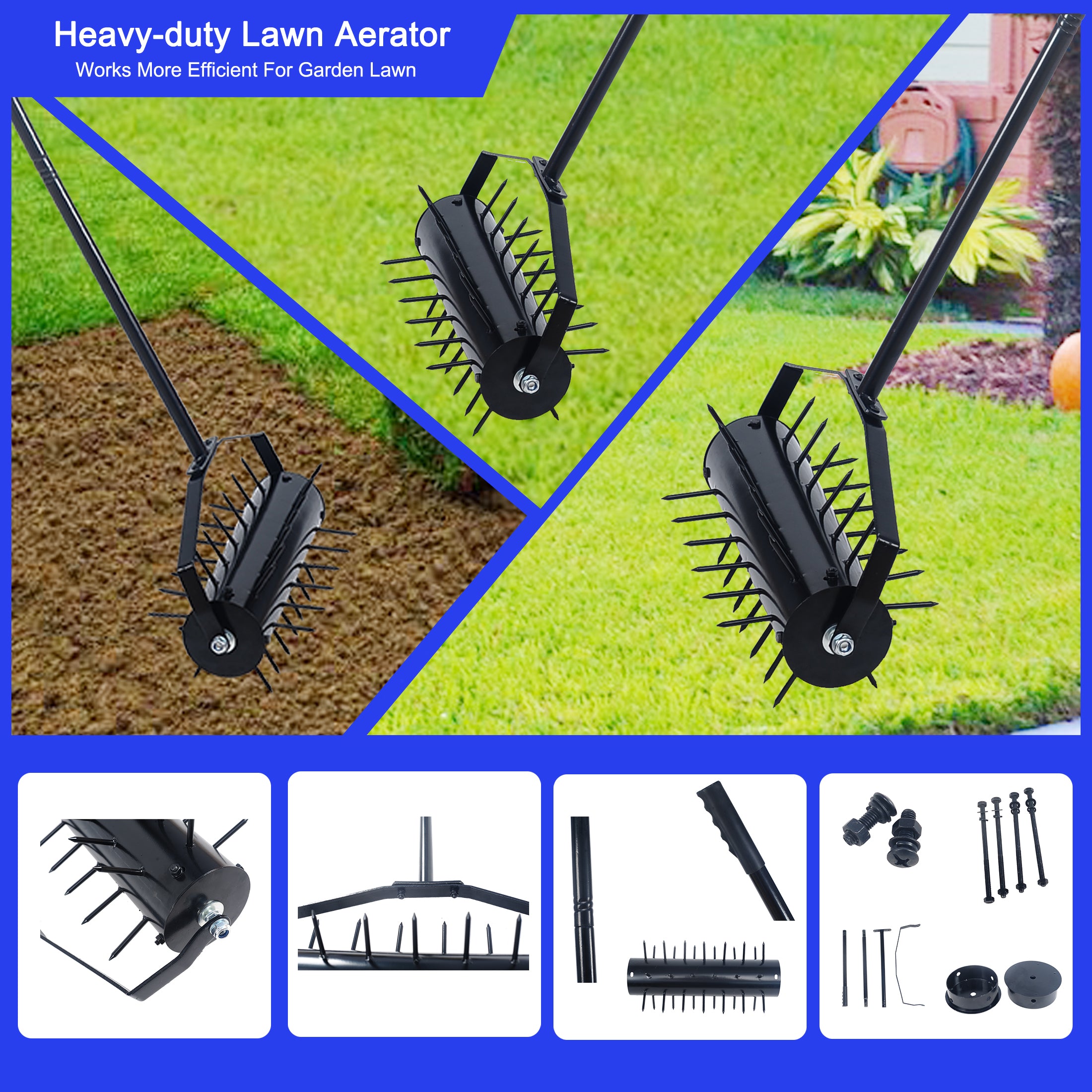 58-Inch Rolling Lawn Aerator - Manual Push Tool for Healthier Grass
