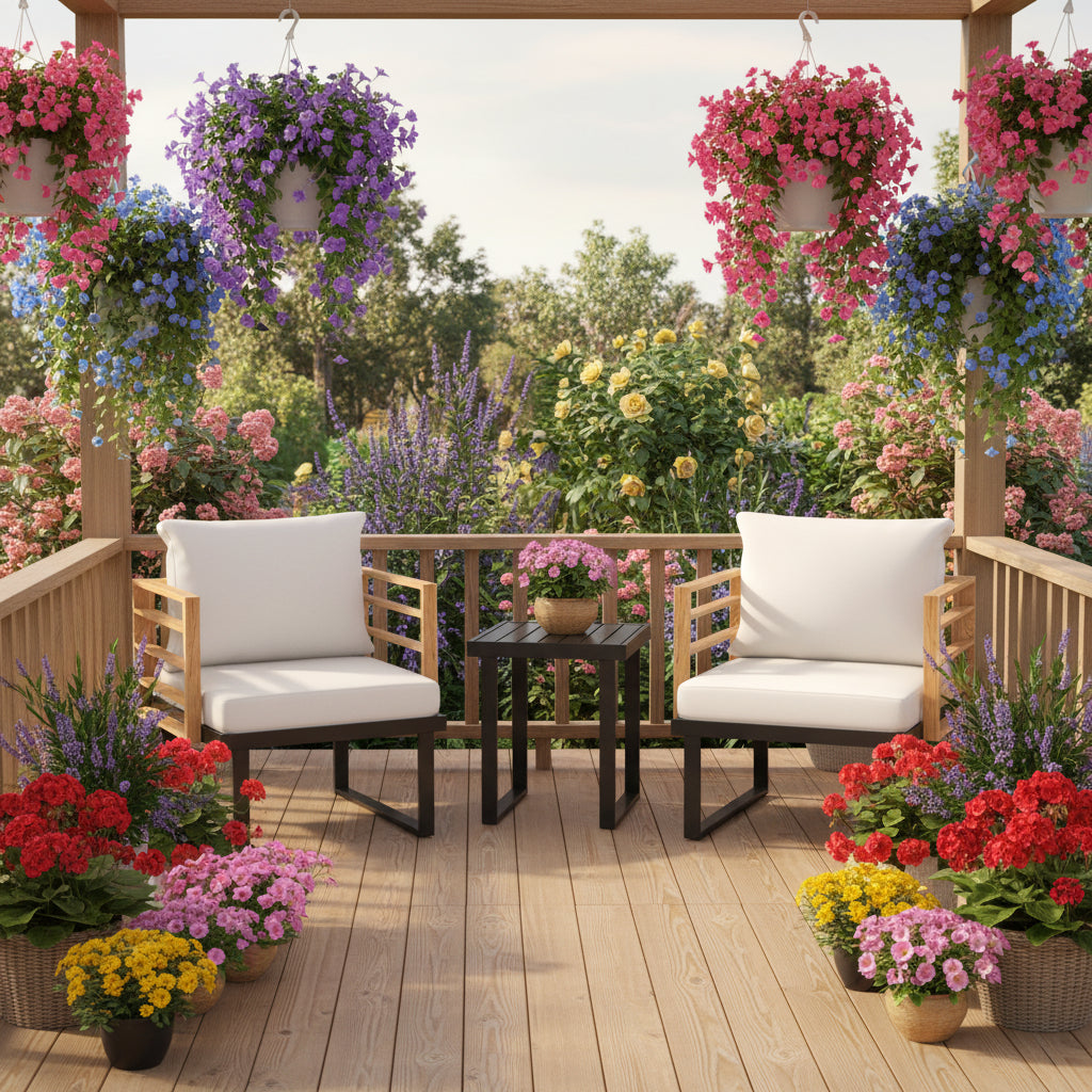 Outdoor furniture set with two chairs and a table on a porch background