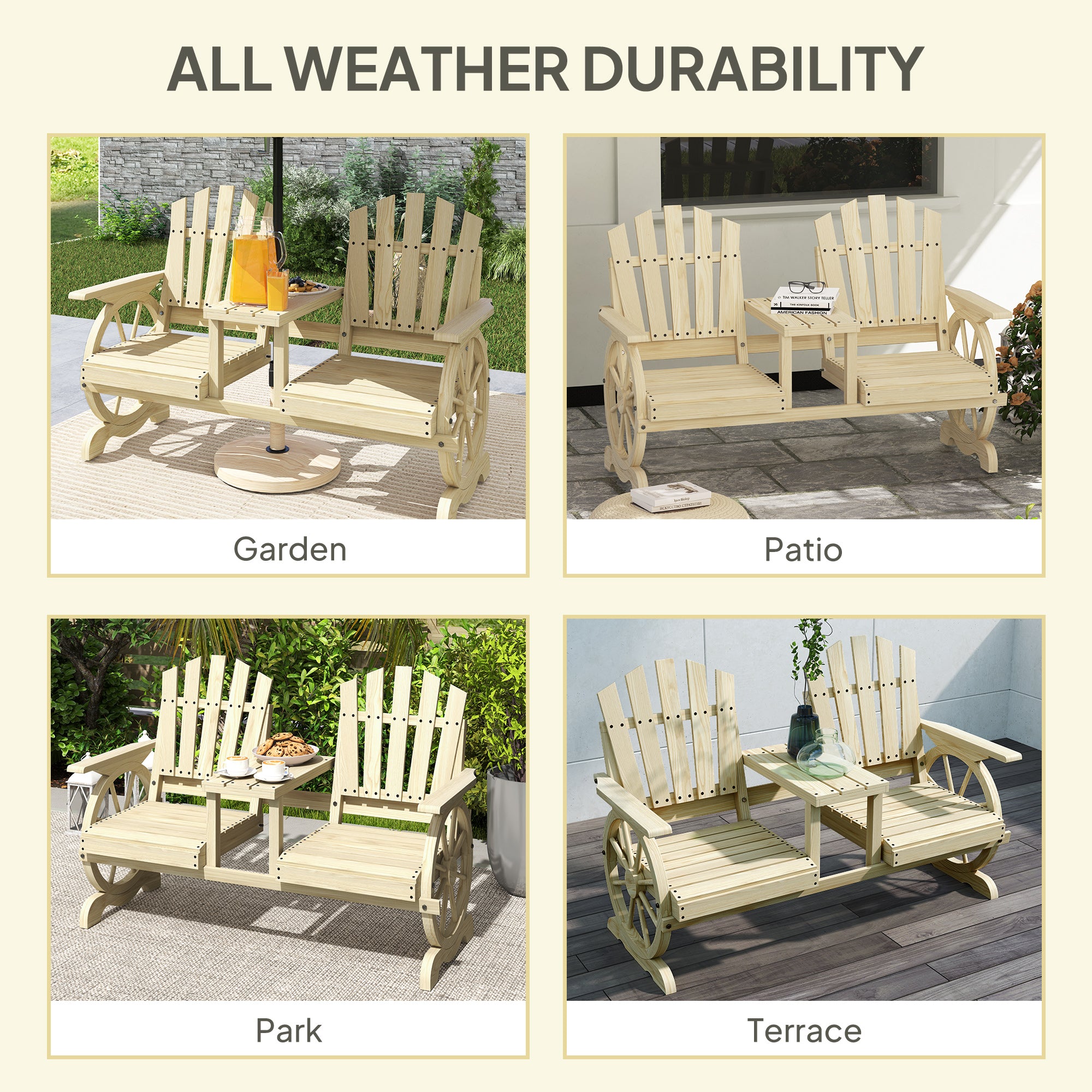 2-Seat Wooden Garden Bench with Center Table