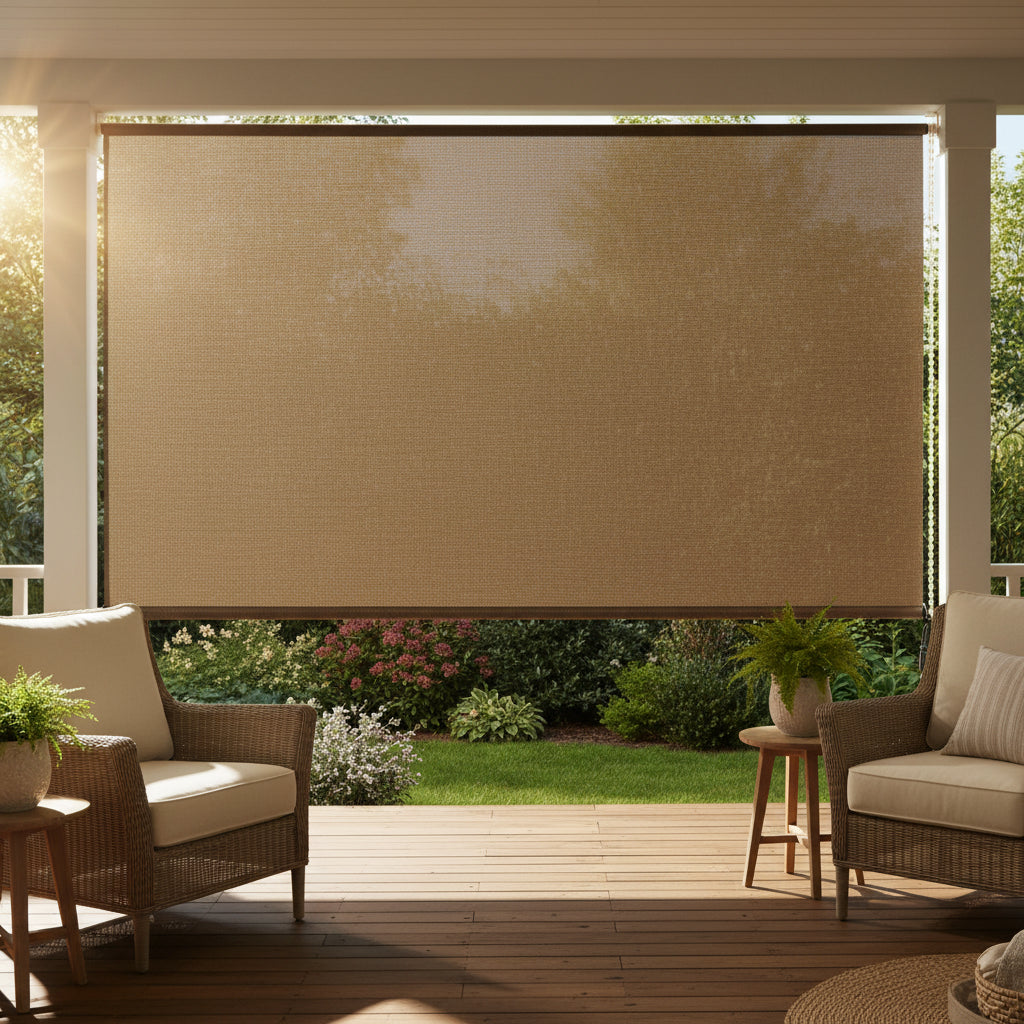 Brown roller blind with a chain on a porch background