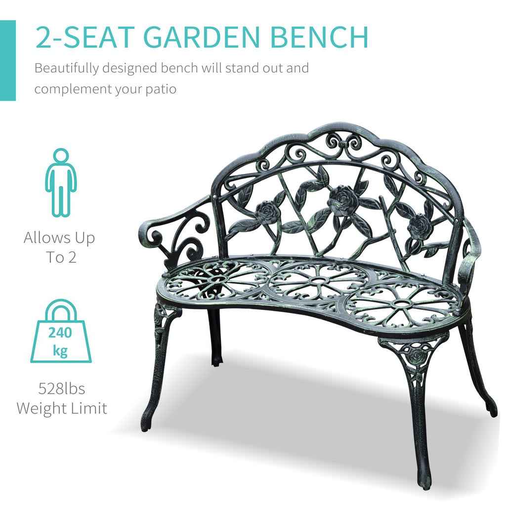 Decorative 2-seat garden bench with intricate designs on a white background