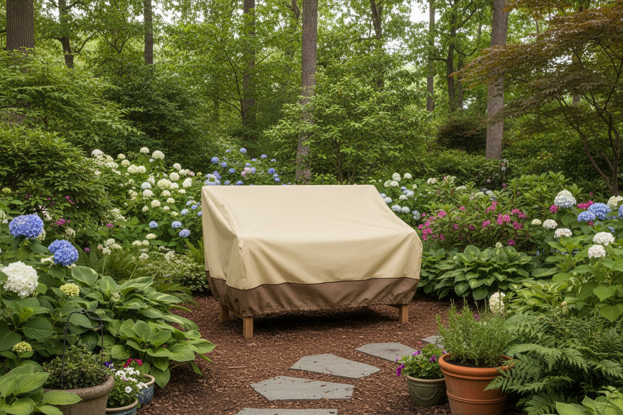 Beige and brown outdoor furniture cover on a garden  background