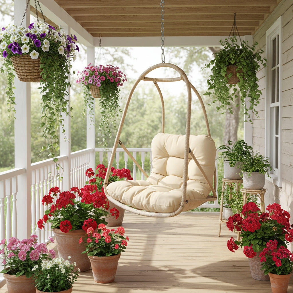 Beige hanging chair with cushion on a porch 