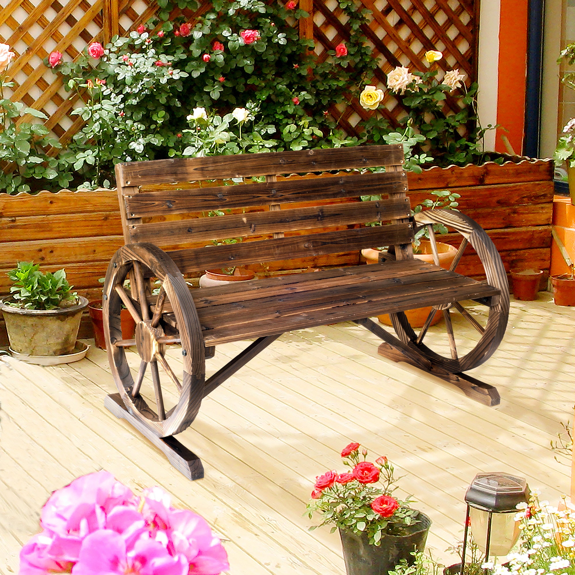 41" Wooden Wagon Wheel Bench – Rustic Outdoor
