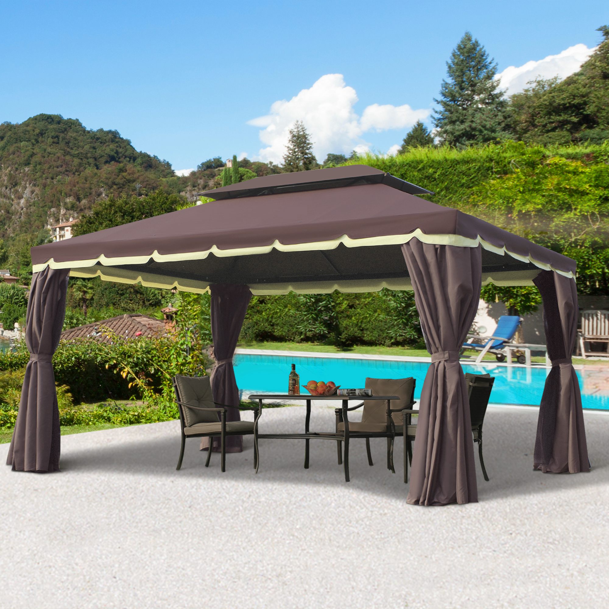 10x13 Aluminum Gazebo with Double Roof, Netting & Curtains
