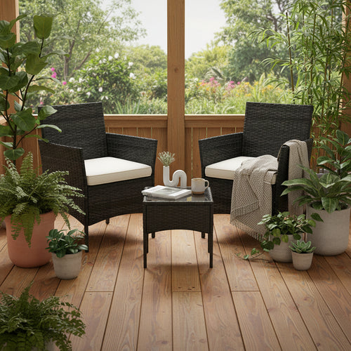 Black wicker outdoor furniture set with white cushions on a porch background
