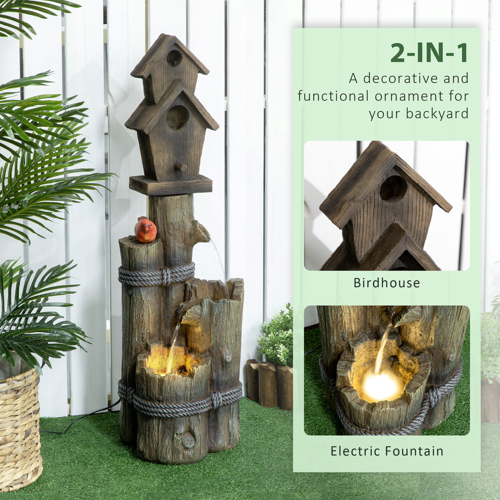 Rustic Log Fountain with 2 Birdhouses & LED Lights
