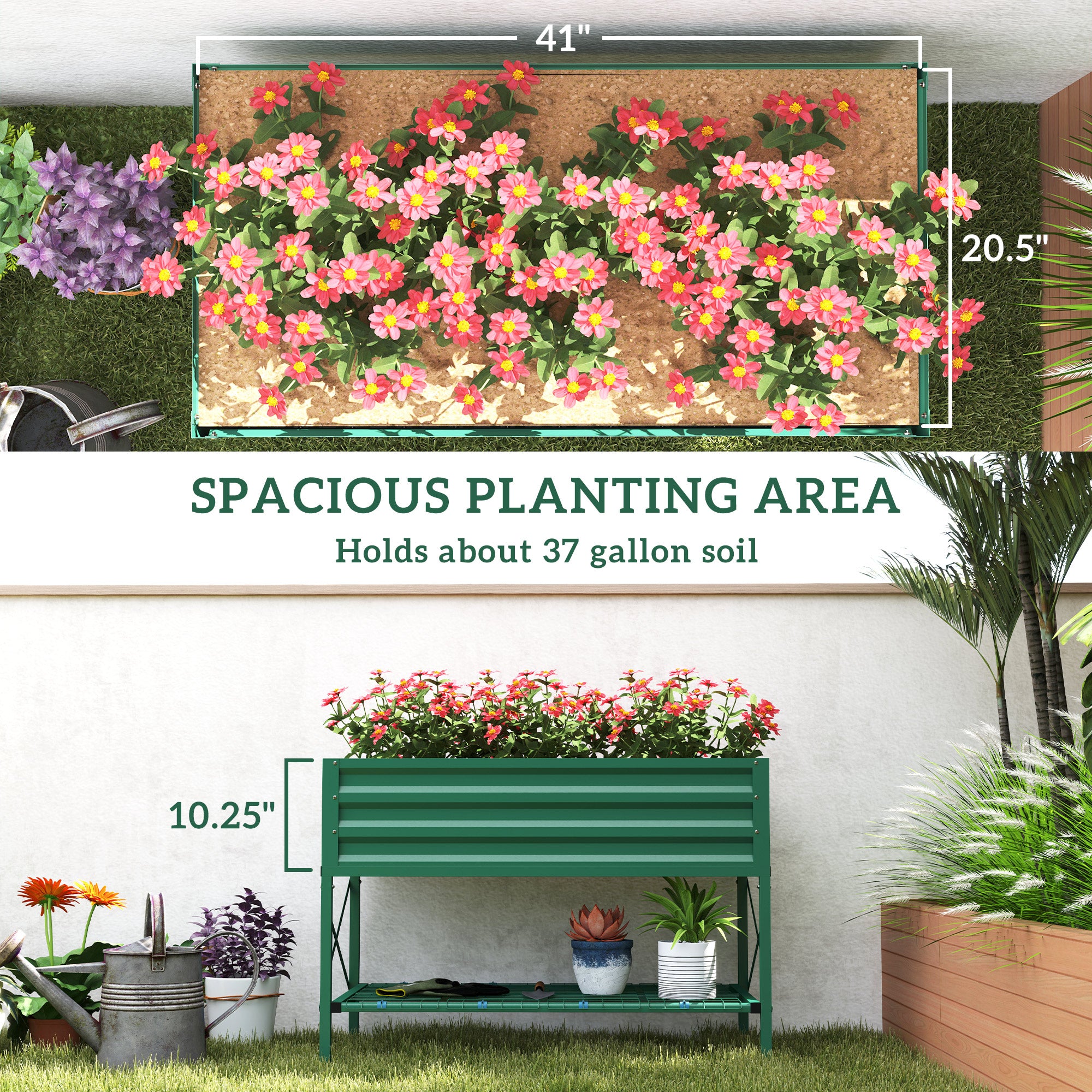 Galvanized Raised Garden Bed with Legs - with Storage Shelf - Green