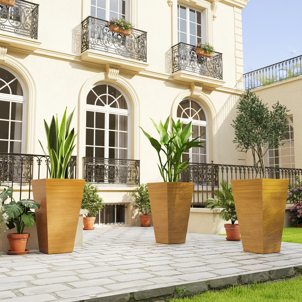 Three wooden planters with plants on a  french patio area 