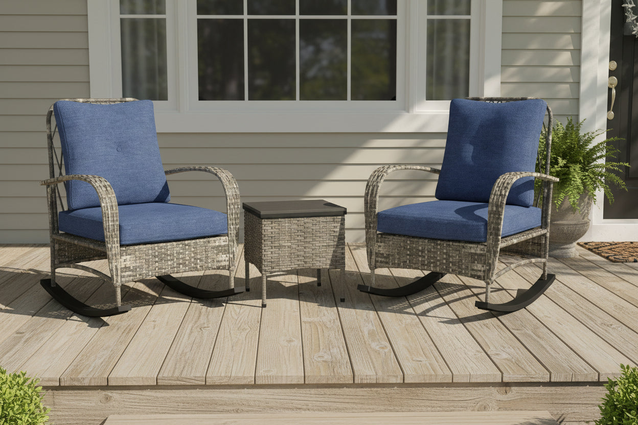 3-Piece Wicker Rocking Chair Set with Cushions & Side Table