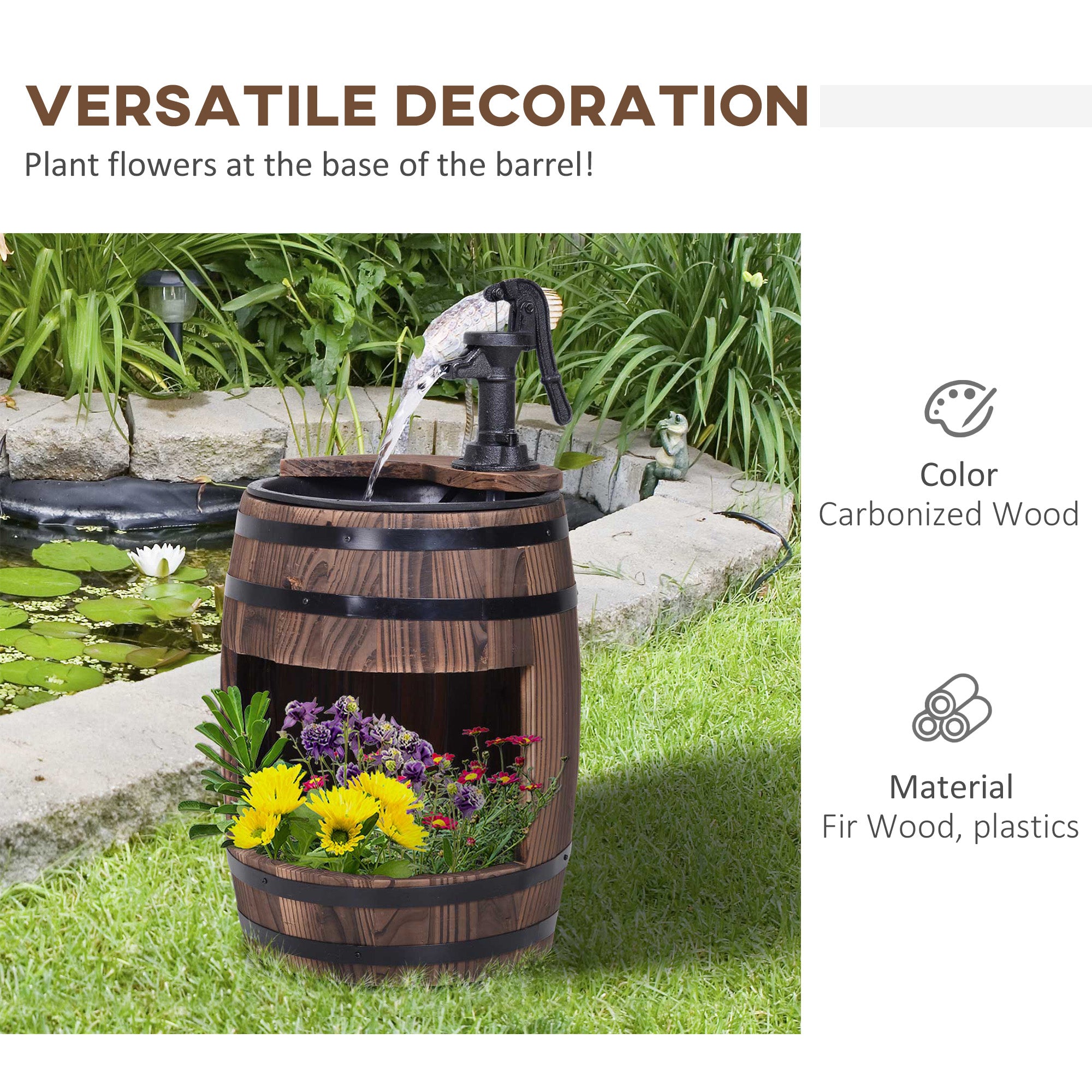 23" Rustic Apple Barrel Water Fountain - Outdoor Garden Decor with Hand Pump Design