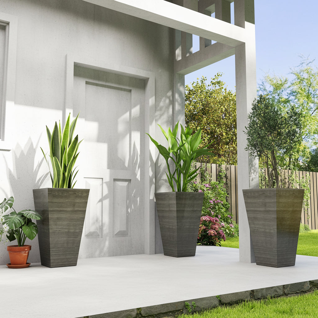 Minimalist porch with decorative planters on a patio