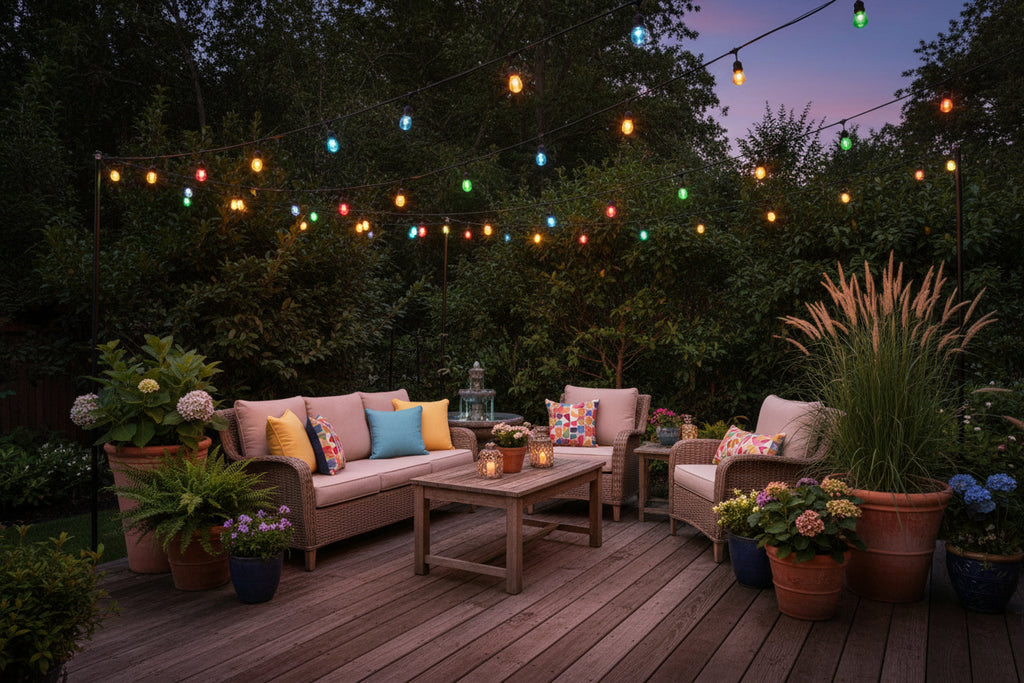 String lights with colorful bulbs and a remote control on a garden background