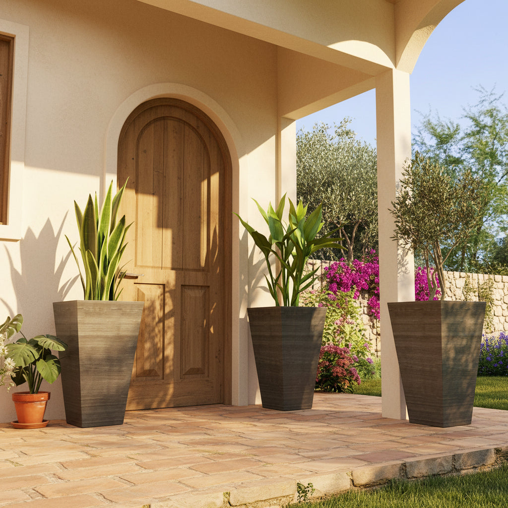 Set of 3 Tall Planters 28" – Dark Brown Faux Wood