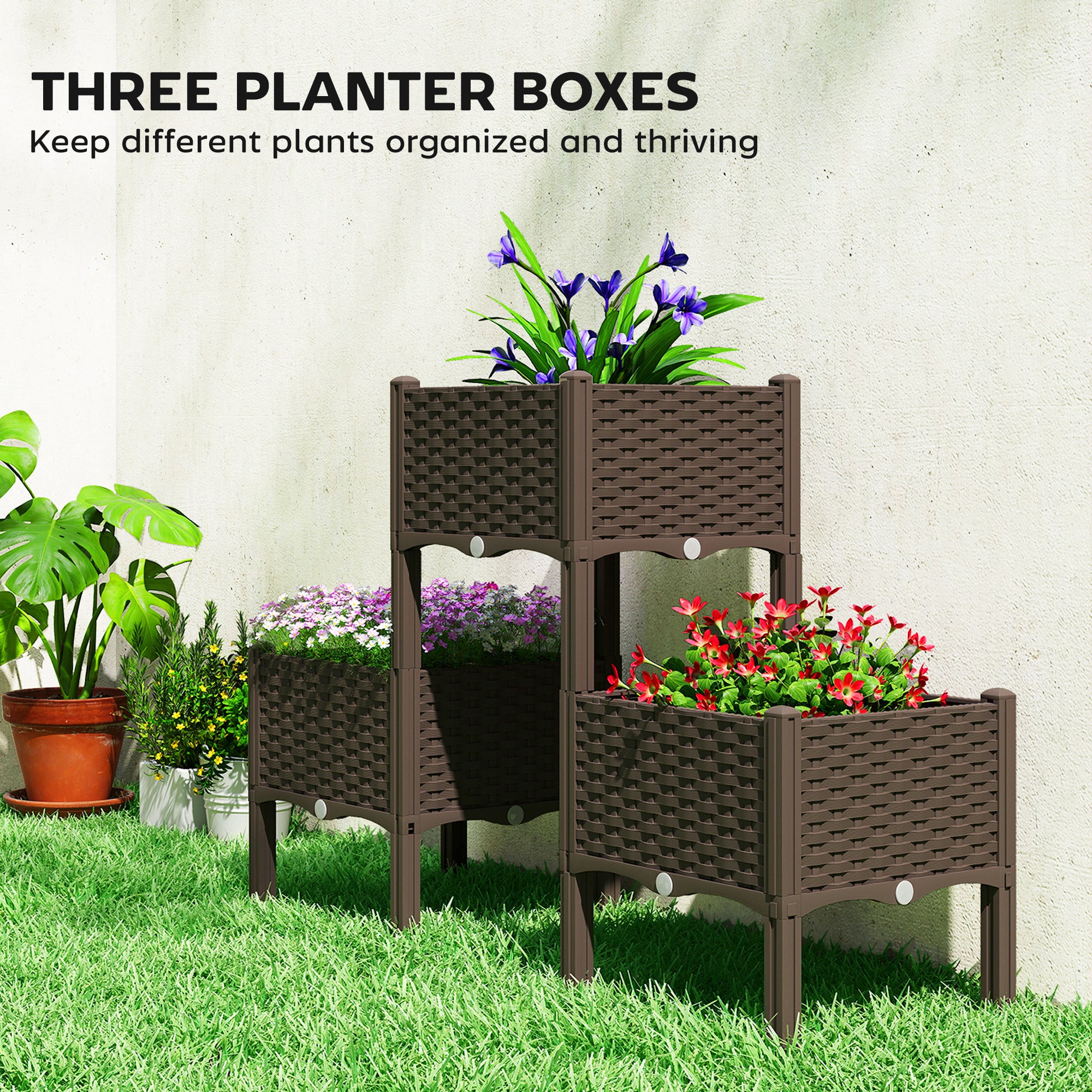 3-Piece Modular Raised Garden Bed with Legs - Elevated Planter Boxes with Water Reservoir - Brown