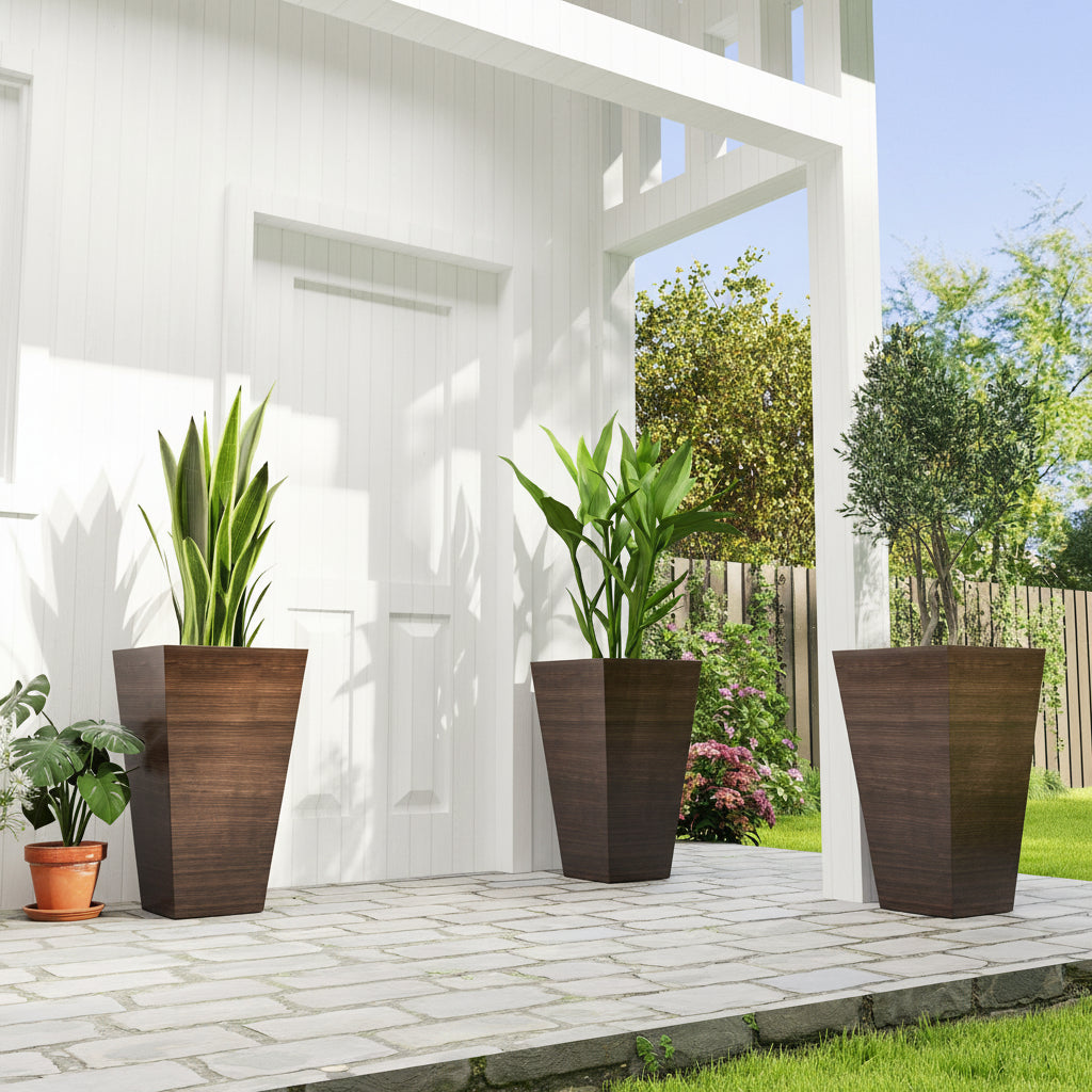 Wooden planters with plants on a patio area