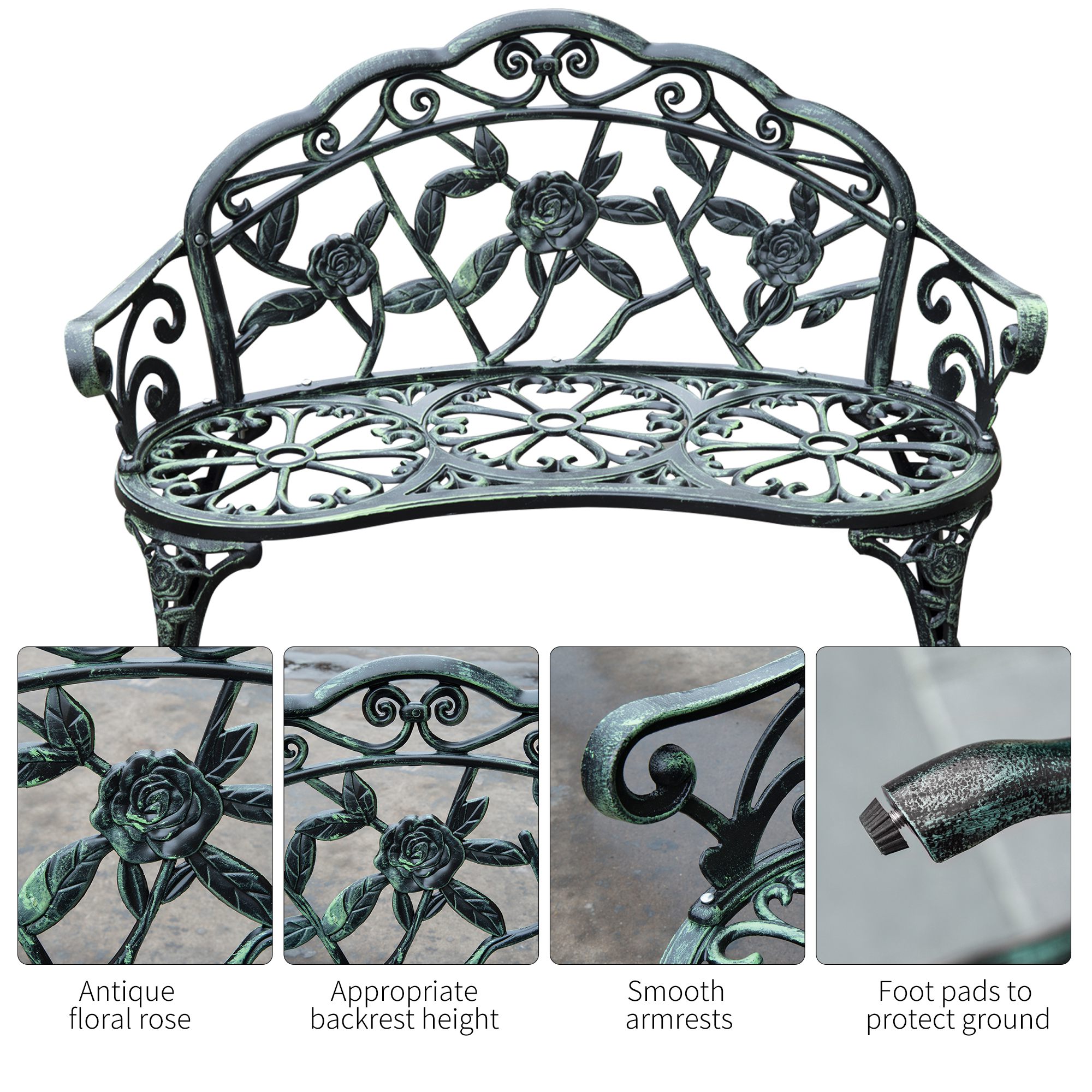 Antique Green Garden Bench with Floral Rose Design - Cast Aluminum Outdoor Seating