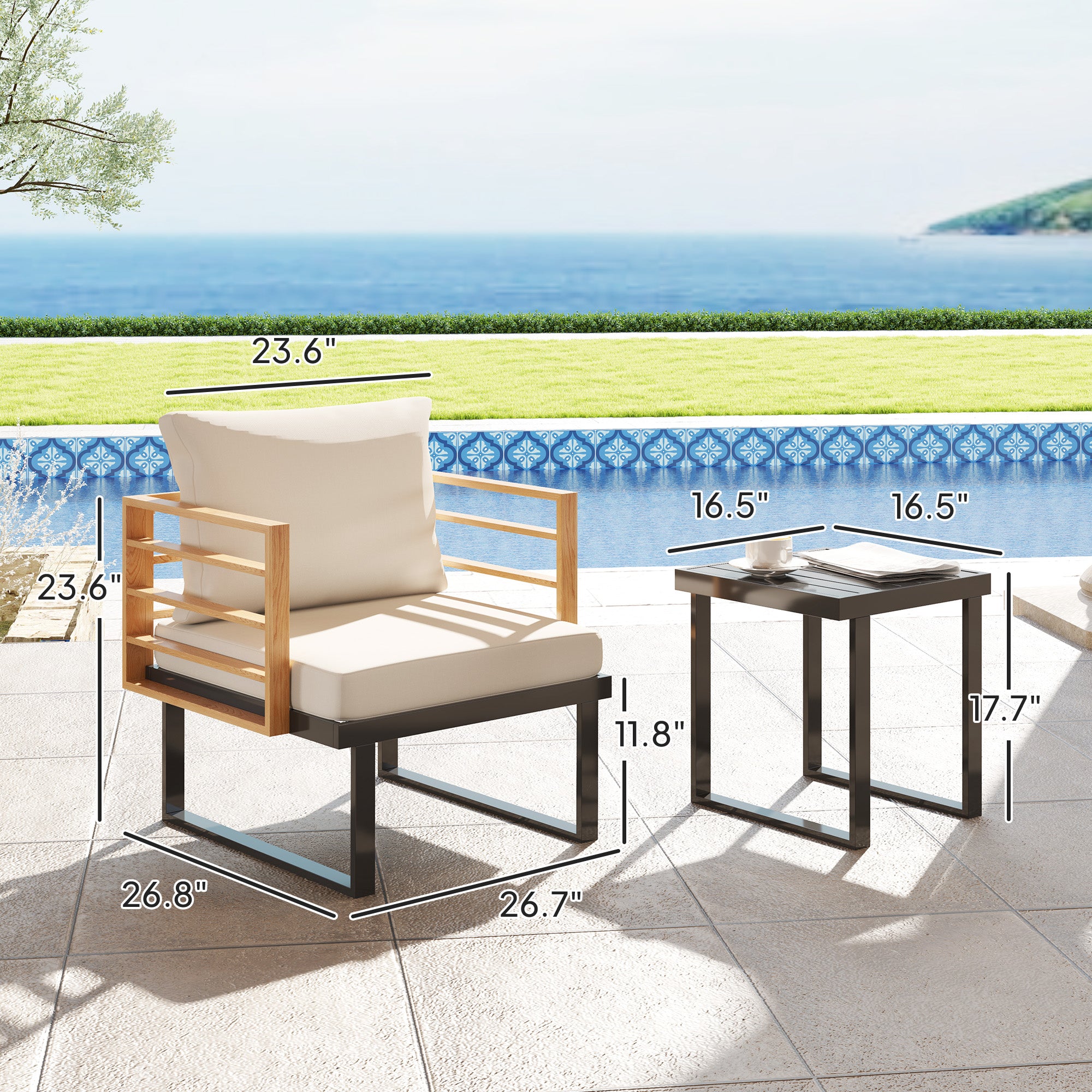 3-Piece Metal Bistro Set with Cushioned Armchairs