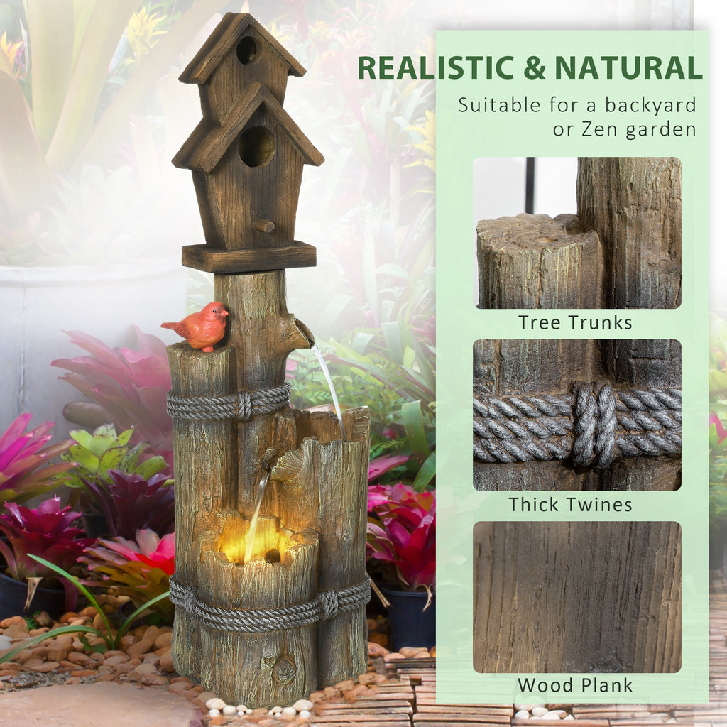 Rustic Log Fountain with 2 Birdhouses & LED Lights