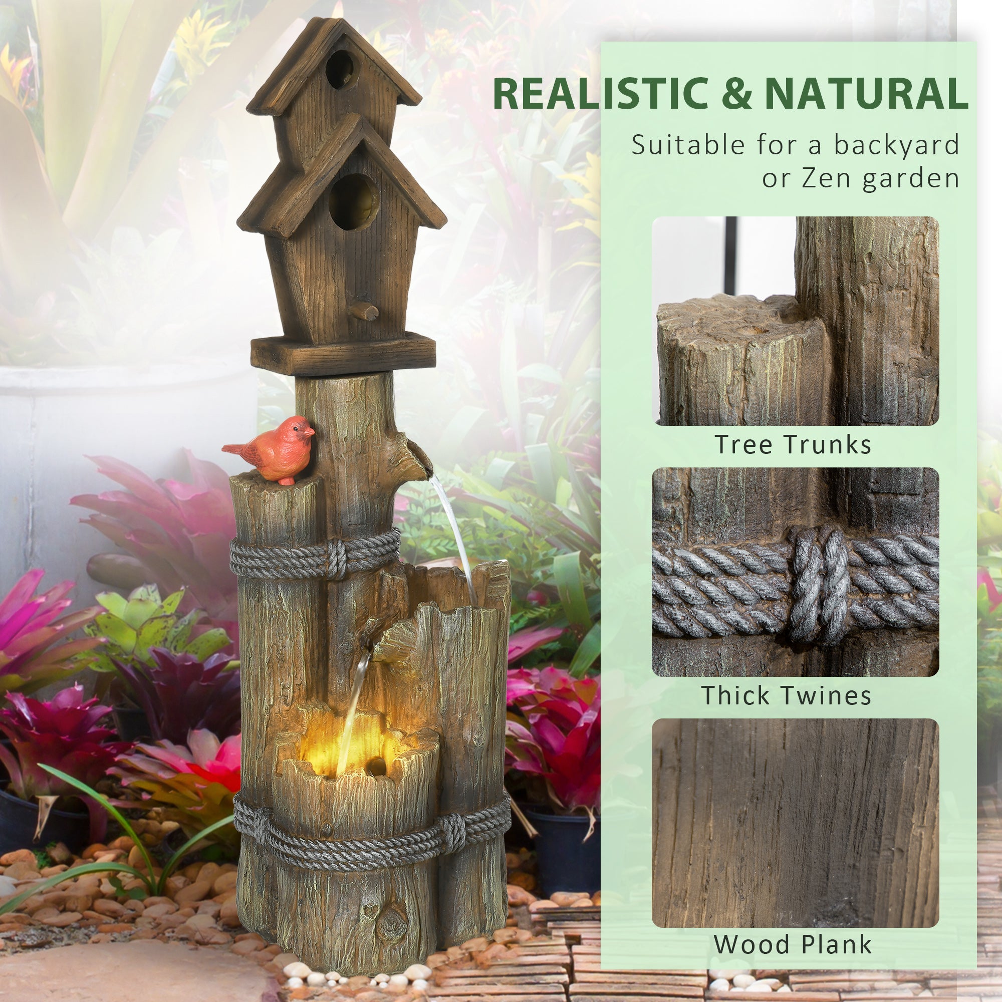 Rustic Log Fountain with 2 Birdhouses & LED Lights