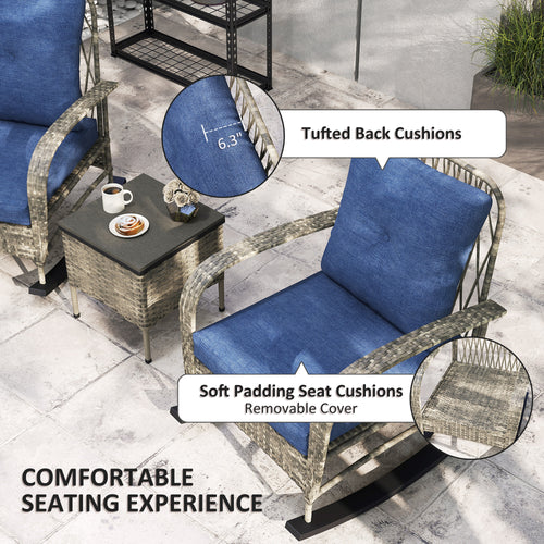 3-Piece Wicker Rocking Chair Set with Cushions