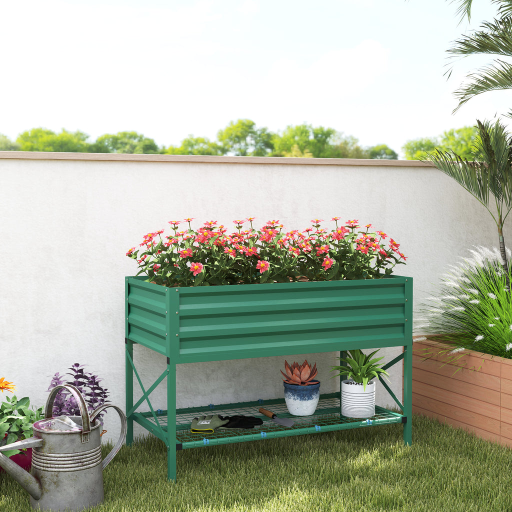 Galvanized Raised Garden Bed with Legs - with Storage Shelf - Green