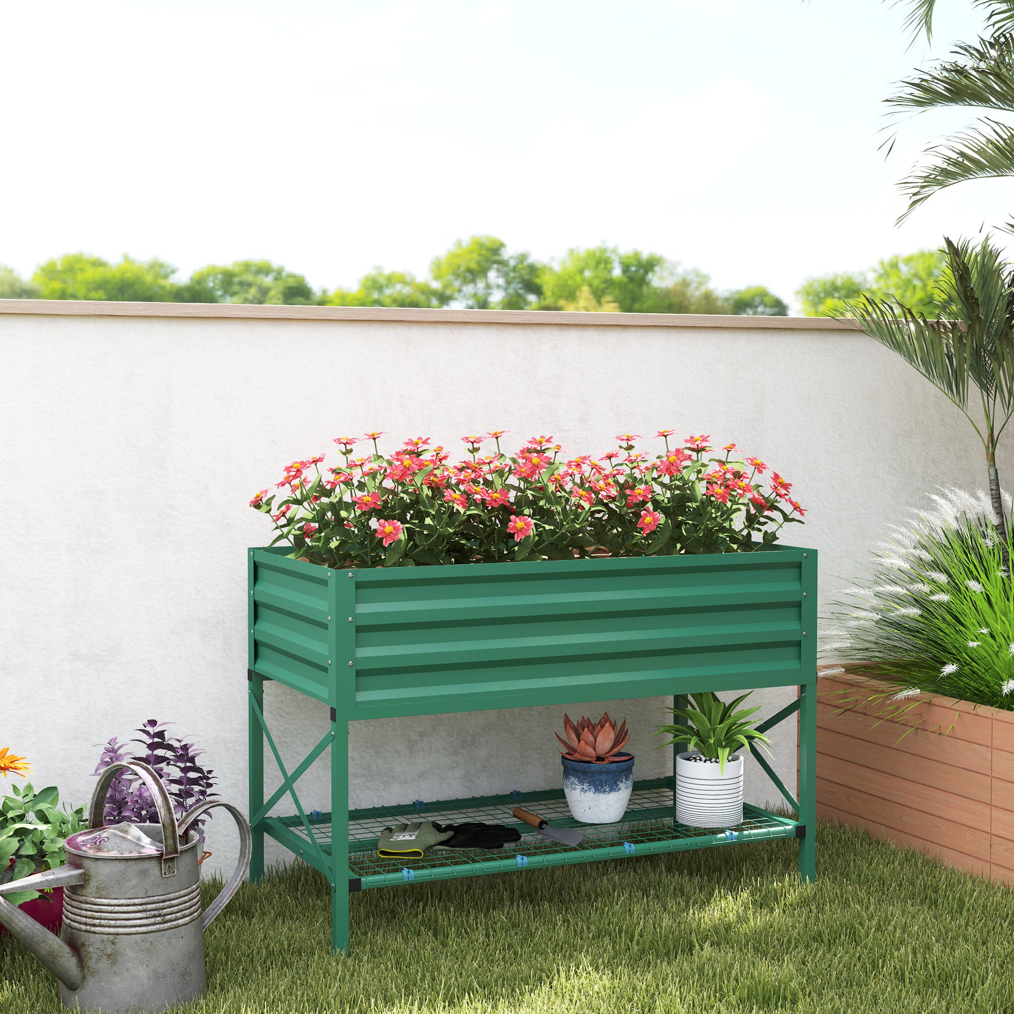 Galvanized Raised Garden Bed with Legs - with Storage Shelf - Green